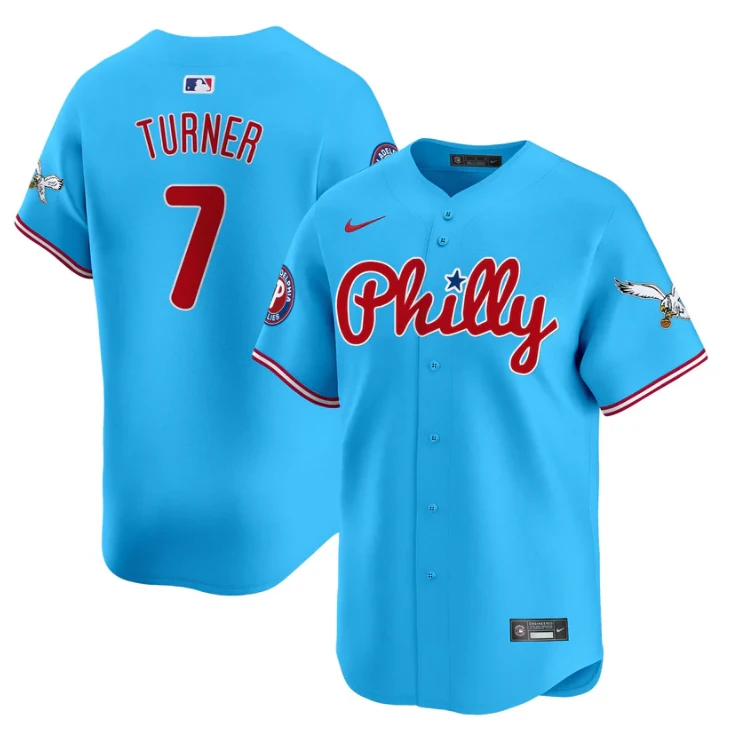 Trea Turner Jersey #7 Phillies and Eagles Vapor Premier Limited Stitched Light Blue by My Store