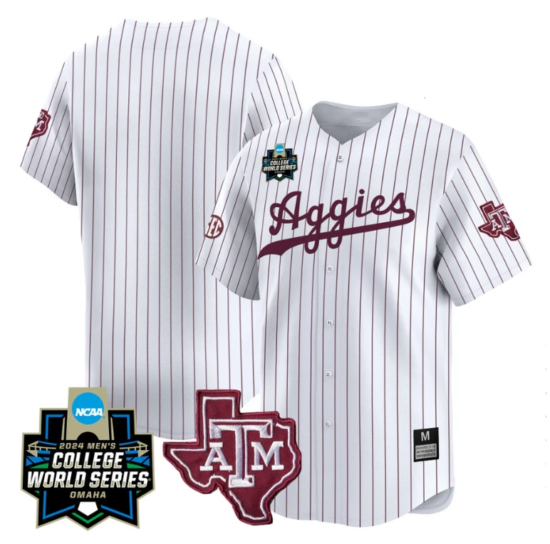 Texas AM Aggies Team Jersey 2024 College World Series Vapor Premier Limited NCAA Baseball Stitched White Pinstripe by My Store