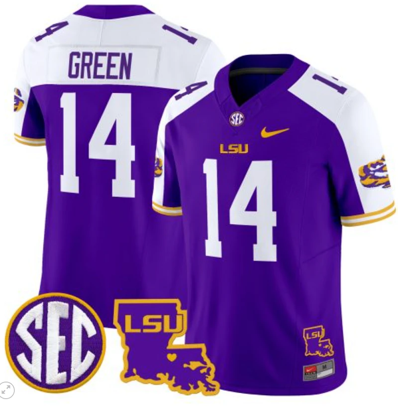 Trey'Dez Green Jersey #14 LSU Tigers 2024 Louisiana Patch Vapor Limited College Football Stitched Purple Alternate by My Store