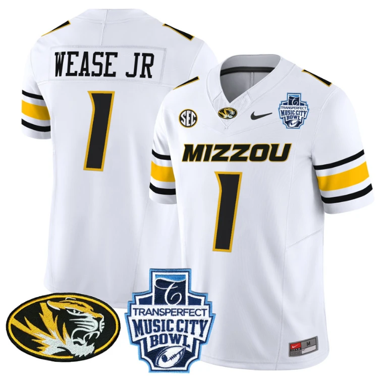 Theo Wease Jr Jersey #1 Missouri Tigers 2024 Music City Bowl White by NCAA Football Jersey