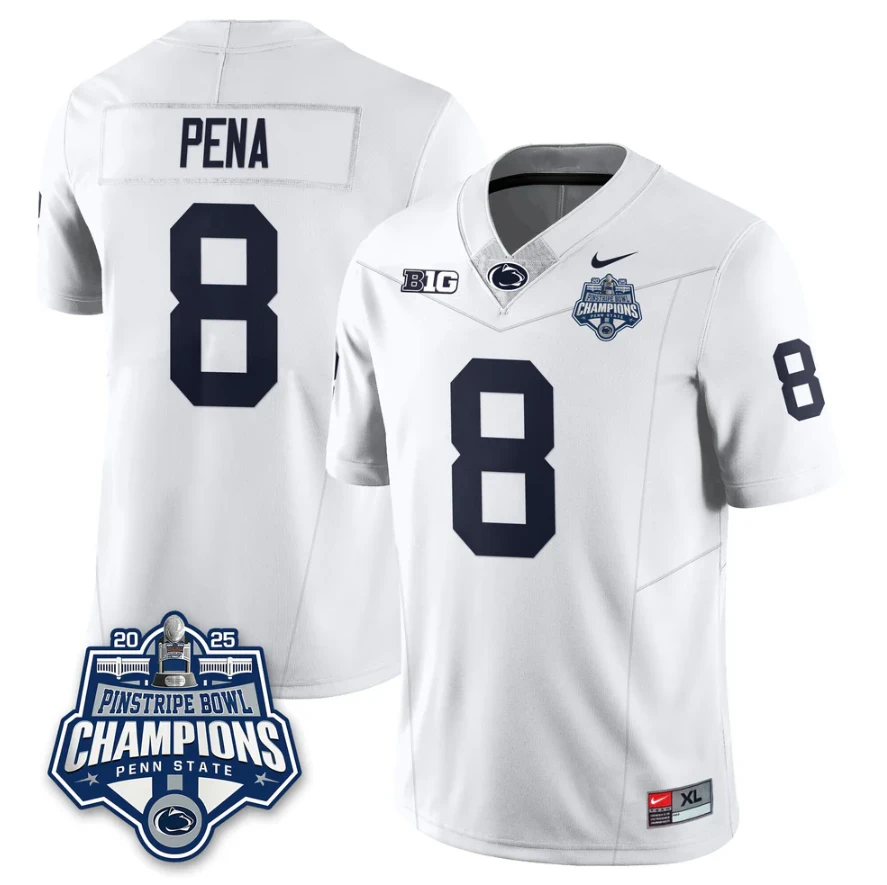 Trebor Pena Jersey #8 Penn State 2025 Pinstripe Bowl Champions Stitched White by NCAA Football Jersey