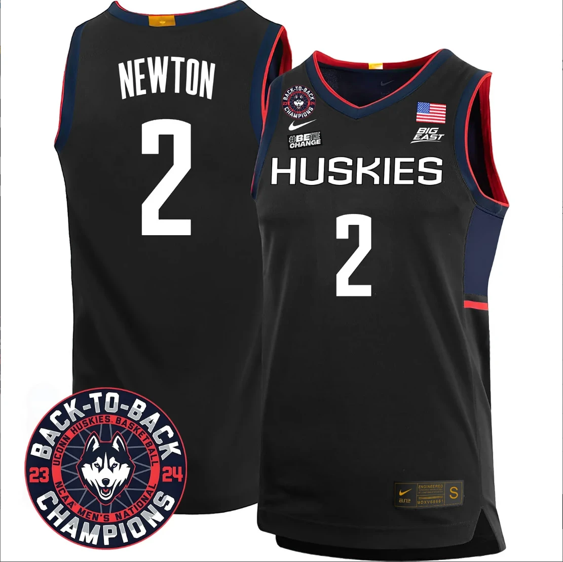 Tristen Newton Jersey #2 UConn Huskies Basketball 2024 Back To Back Champions Patch White Gold by My store basketball