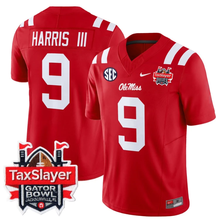 Tre Harris Jersey #9 Ole Miss Rebels 2024 Gator Bowl Patch V2 Red by My Store