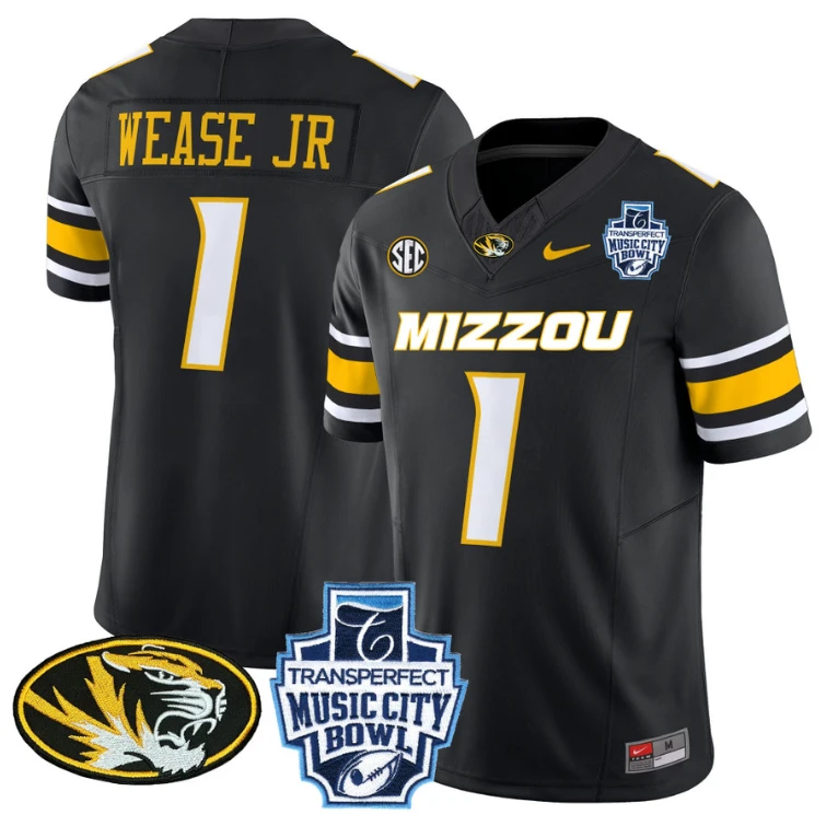 Theo Wease Jr Jersey #1 Missouri Tigers 2024 Music City Bowl Black by NCAA Football Jersey