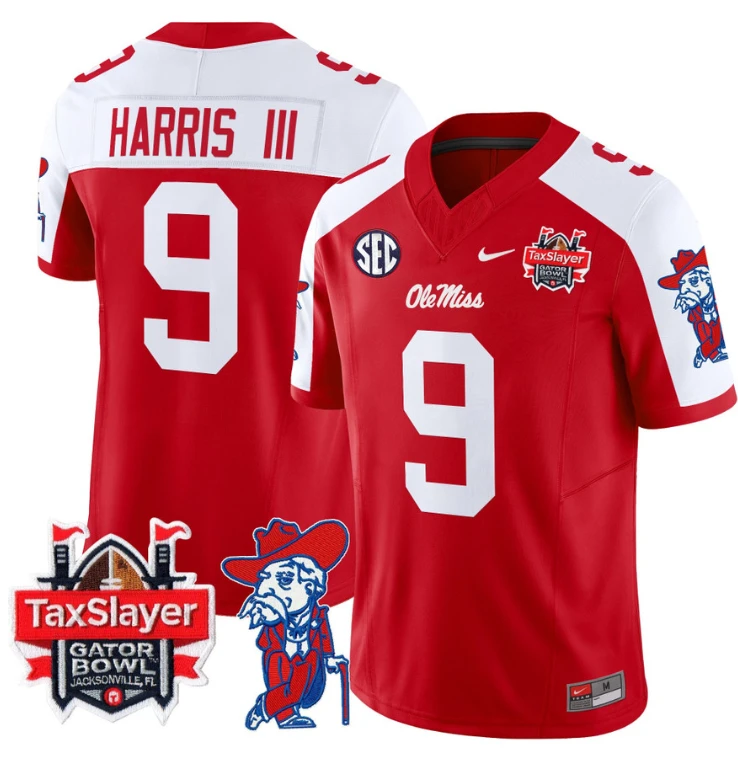 Tre Harris Jersey #9 Ole Miss Rebels 2024 Gator Bowl Patch V2 Red Alternate by My Store
