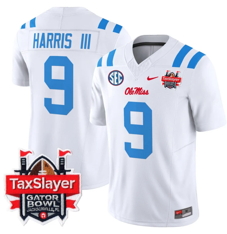 Tre Harris Jersey #9 Ole Miss Rebels 2024 Gator Bowl Patch V2 2024 White by My Store