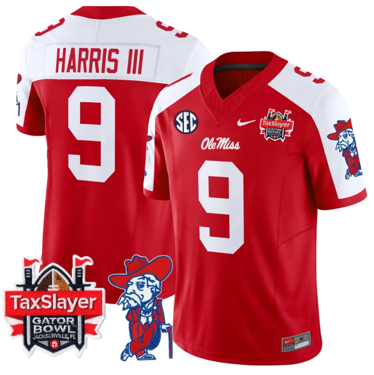 Tre Harris Jersey #9 Ole Miss Rebels 2025 Gator Bowl Patch Red Alternate by My Store