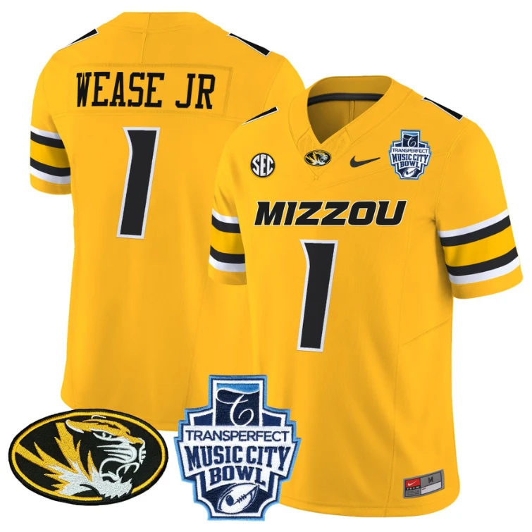 Theo Wease Jr Jersey #1 Missouri Tigers 2024 Music City Bowl Gold by NCAA Football Jersey