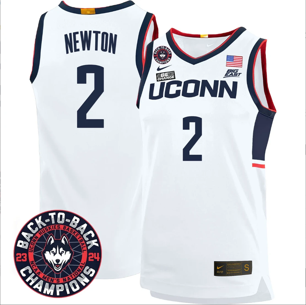 Tristen Newton Jersey #2 UConn Huskies Basketball 2024 Back To Back Champions Patch White Home by My store basketball