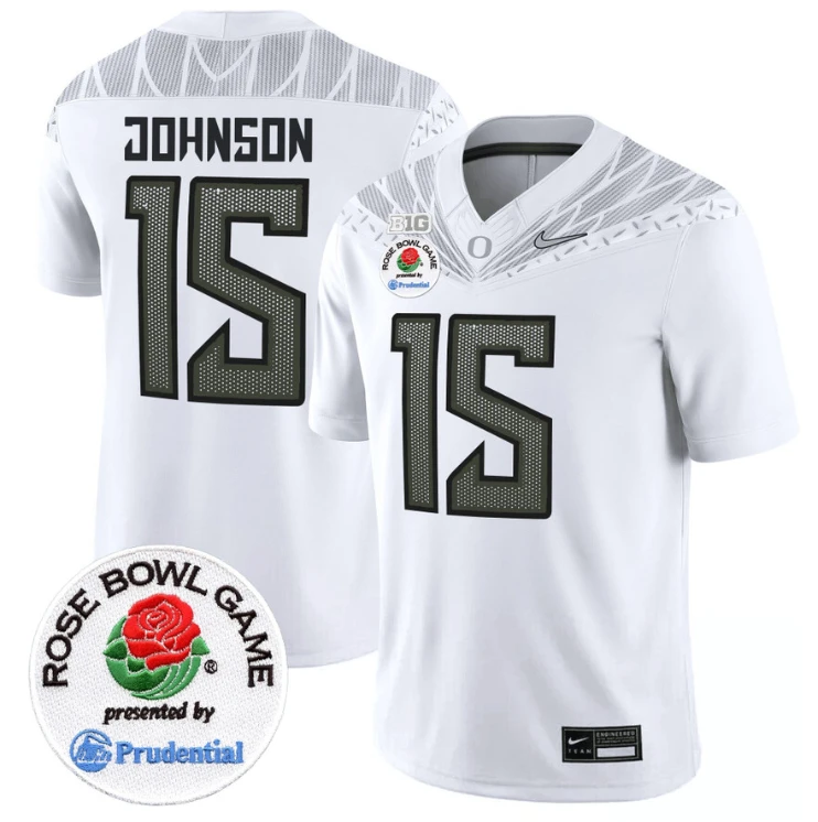 Tez Johnson Jersey #15 Oregon Ducks Rose Bowl Patch Vapor Limited V2 White by My Store