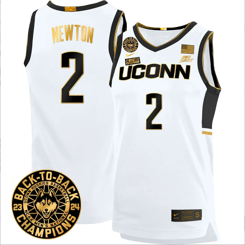 Tristen Newton Jersey #2 UConn Huskies Basketball 2024 Back To Back Champions Patch White Gold by My store basketball
