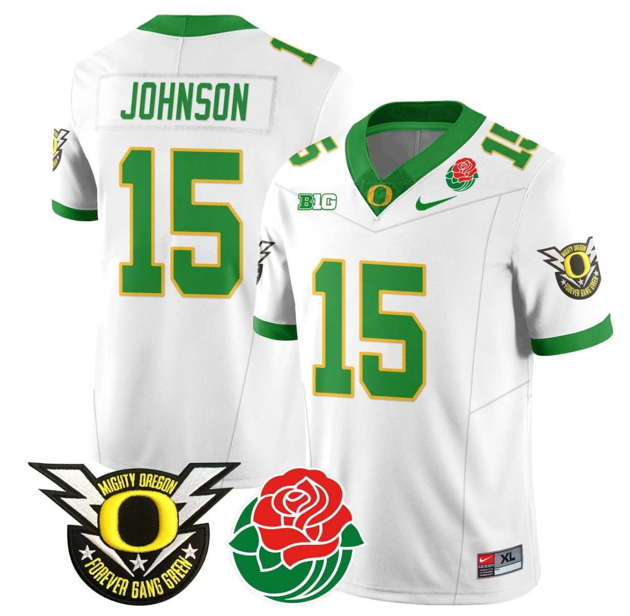 Tez Johnson Jersey #15 Oregon Ducks 2024 Mighty Rose Bowl Patch N2 White by My Store