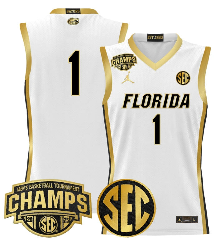Team Jersey #1 Florida Gators 2025 Tournament Champions Patch White Gold by My store basketball