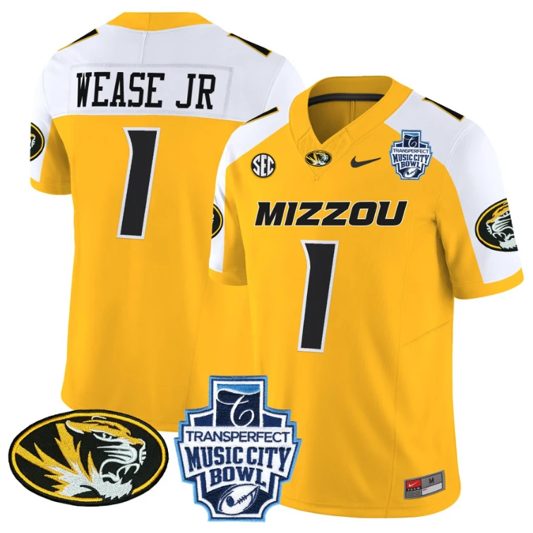 Theo Wease Jr Jersey #1 Missouri Tigers 2024 Music City Bowl Gold Alternate by NCAA Football Jersey