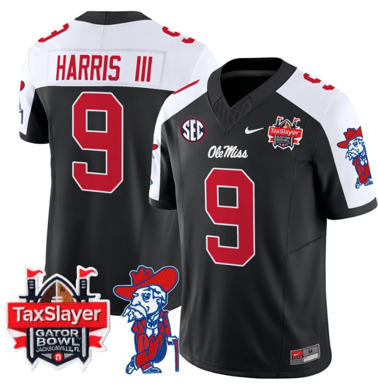 Tre Harris Jersey #9 Ole Miss Rebels 2024 Gator Bowl Patch V2 Black Alternate by My Store