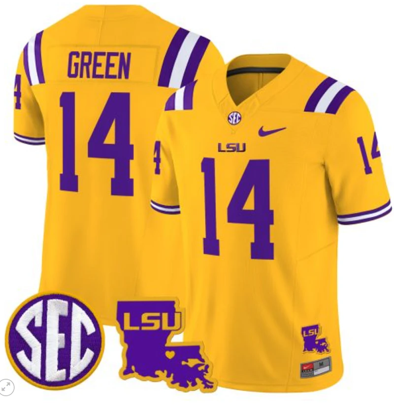 Trey'Dez Green Jersey #14 LSU Tigers 2024 Louisiana Patch Vapor Limited College Football Stitched Gold by My Store
