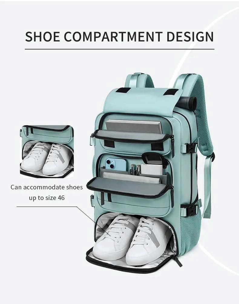 Travel backpack with USB connection, shoe compartment & anti-theft compartment by BowLift