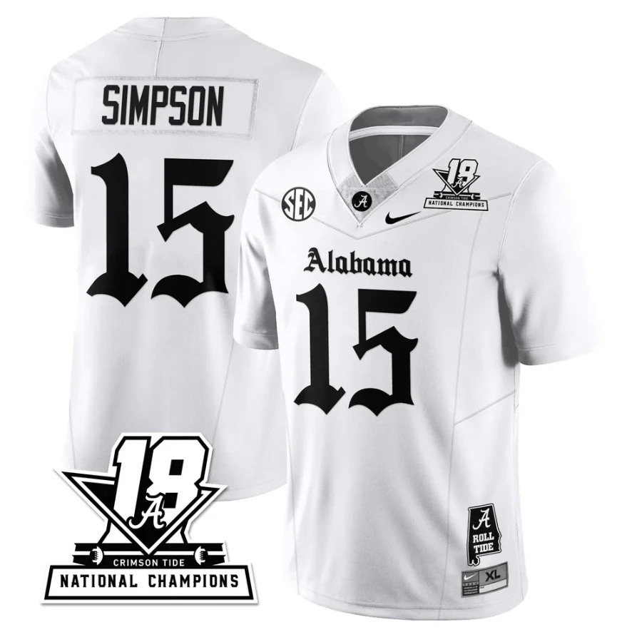 Ty Simpson Jersey #15 Alabama Crimson 18x-Time National Champions Gothic by My Store NCAA Football Jerseys