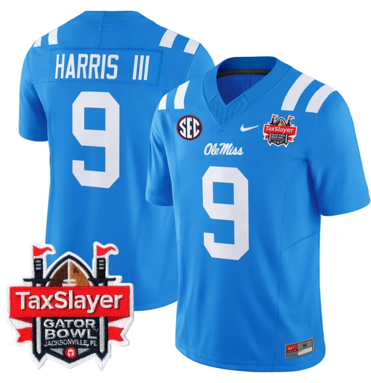 Tre Harris Jersey #9 Ole Miss Rebels 2024 Gator Bowl Patch V2 Powder Blue by My Store