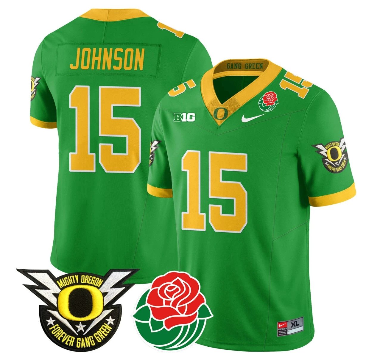 Tez Johnson Jersey #15 Oregon Ducks 2024 Mighty Rose Bowl Patch N2 Green by My Store