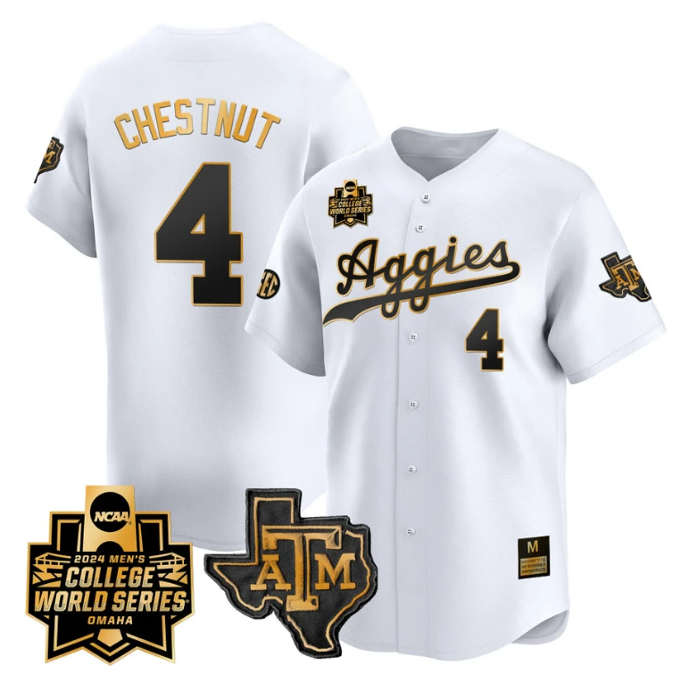Travis Chestnut Jersey #4 Texas AM Aggies 2024 College World Series Vapor Premier Limited NCAA Baseball Stitched White Gold by My Store