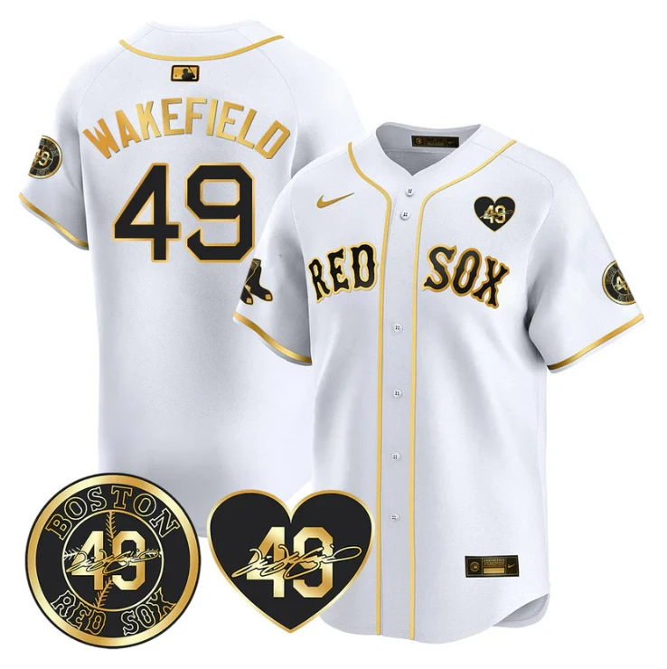 Tim Wakefield Jersey #49 Boston Red Sox Tim Wakefield Memorial Patch Stitched White Gold by My Store
