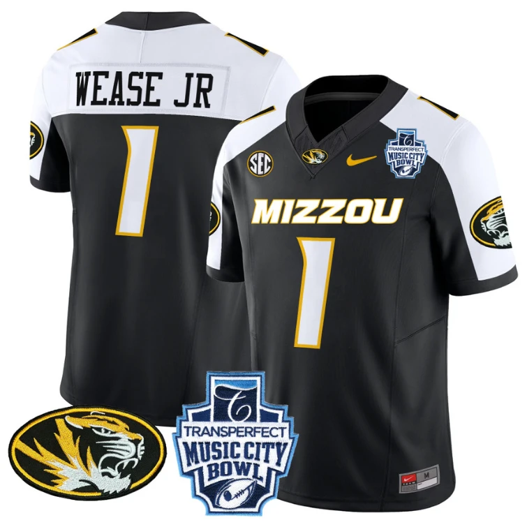 Theo Wease Jr Jersey #1 Missouri Tigers 2024 Music City Bowl Black Alternate by NCAA Football Jersey