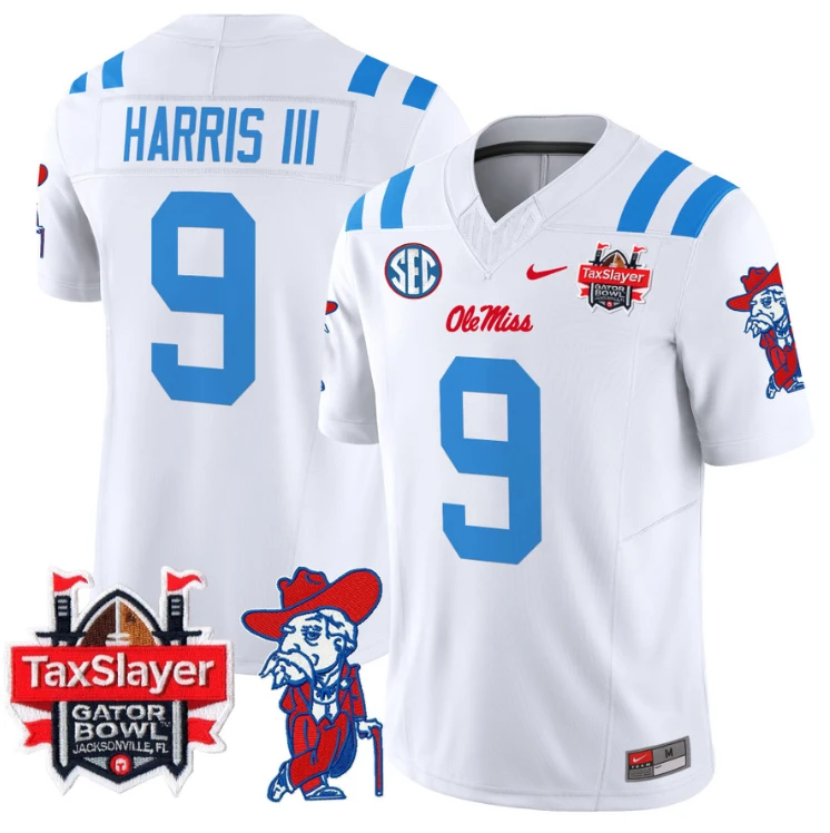 Tre Harris Jersey #9 Ole Miss Rebels 2025 Gator Bowl Patch 2024 White by My Store