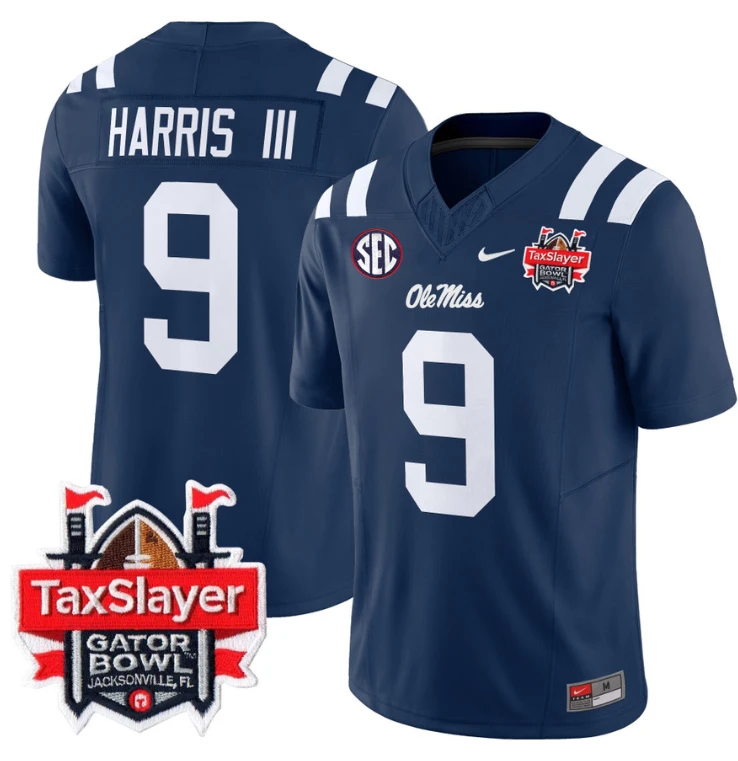 Tre Harris Jersey #9 Ole Miss Rebels 2024 Gator Bowl Patch V2 Navy by My Store