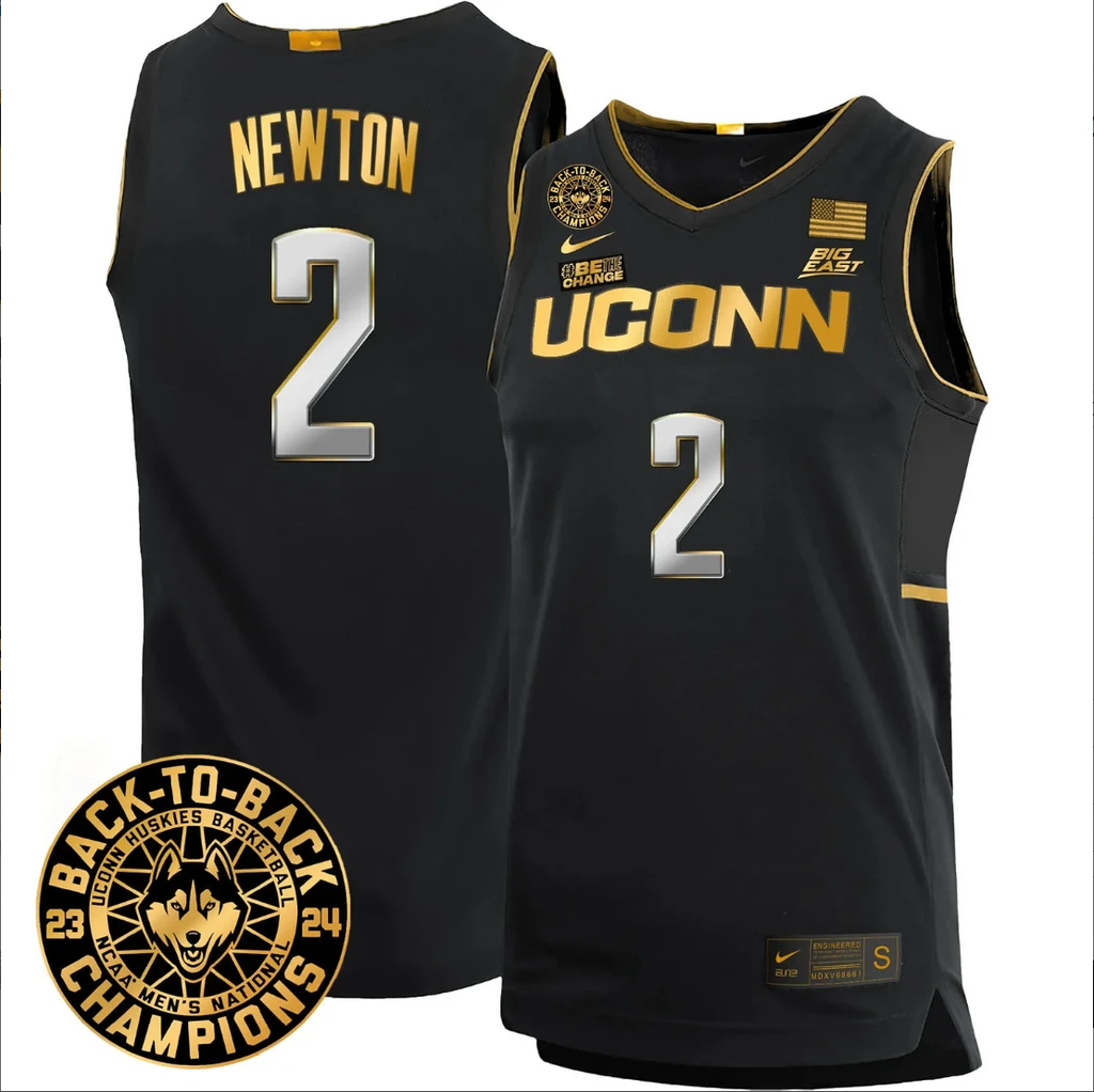 Tristen Newton Jersey #2 UConn Huskies Basketball 2024 Back To Back Champions Patch Black Gold by My store basketball