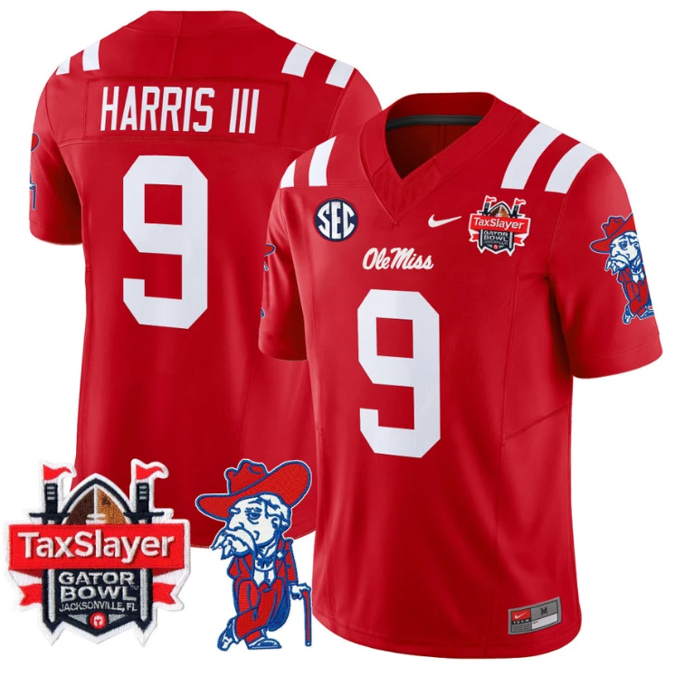 Tre Harris Jersey #9 Ole Miss Rebels 2025 Gator Bowl Patch Red by My Store