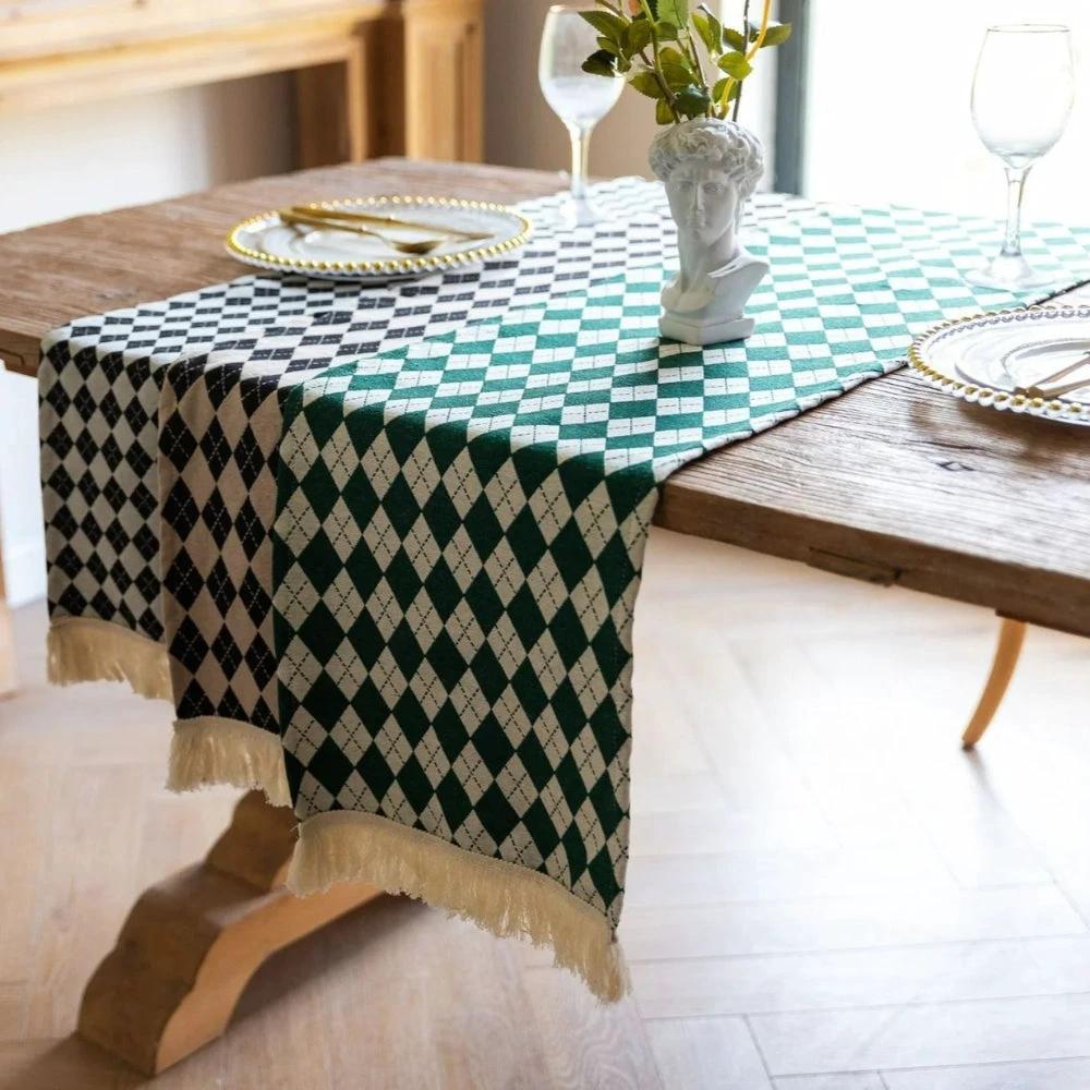 Tasseled Diamond Checkered Table Runner by Casa & Beyond