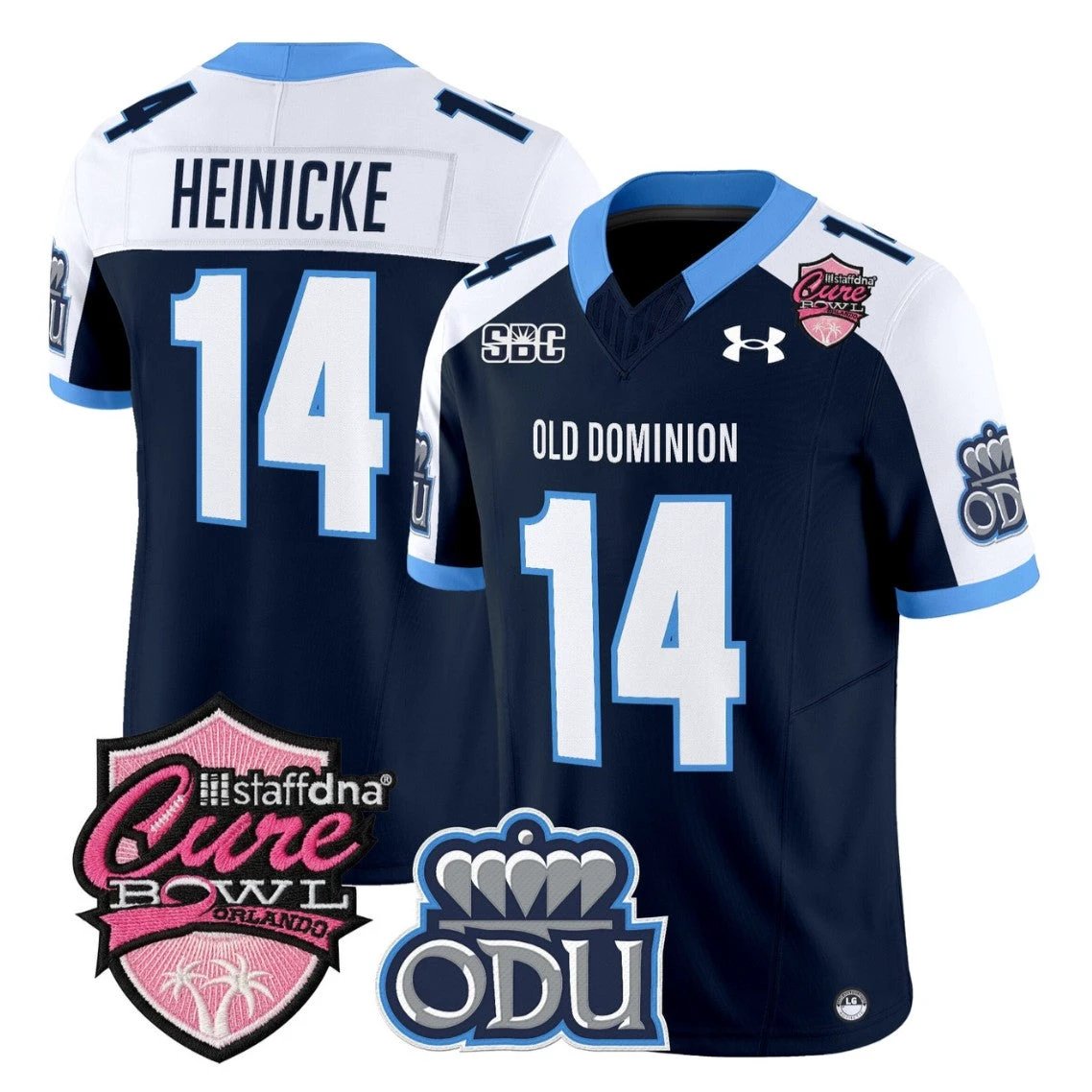 Taylor Heinicke Jersey #14 Old Dominion Monarchs 2025 Cure Bowl Stitched Navy Alternate by NCAA Football Jersey