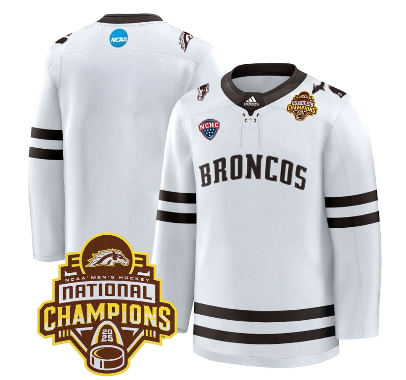 Team Jersey No Number Western Michigan Broncos 2025 National Champions Patch Stitched White by Hockey David