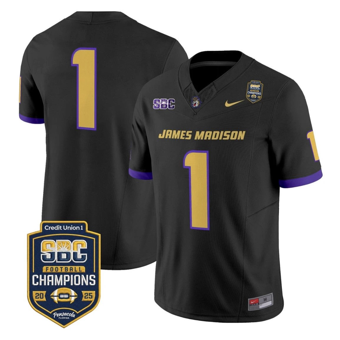 Team Jersey #1 James Madison Dukes 2025 SBC Champions Vapor Stitched Black by NCAA Football Jersey
