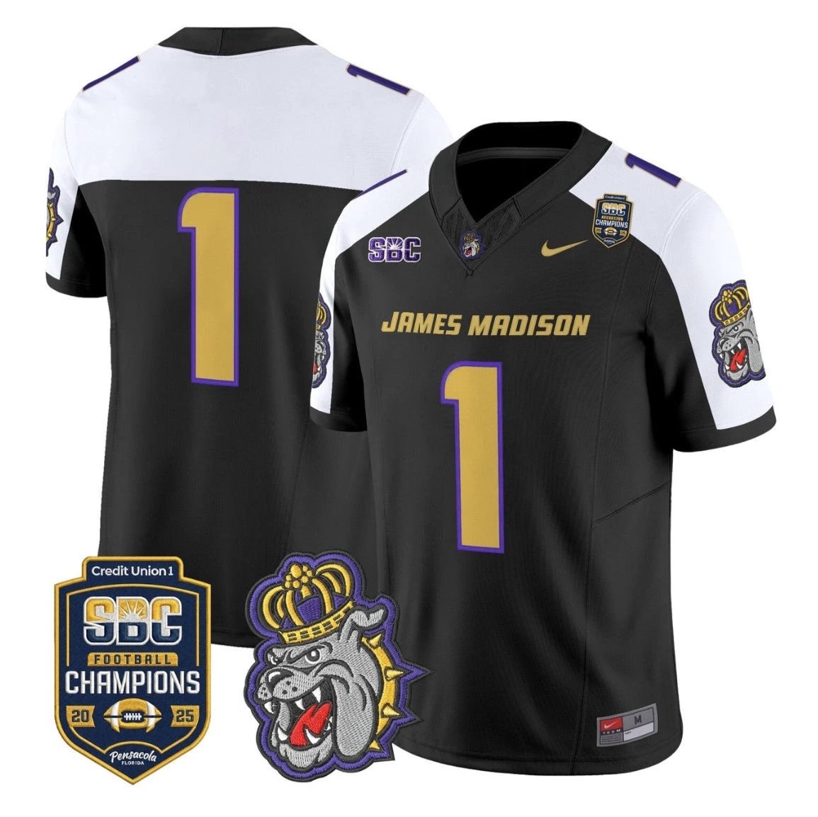 Team Jersey #1 James Madison Dukes 2025 SBC Champions Vapor Stitched Black Alternate by NCAA Football Jersey