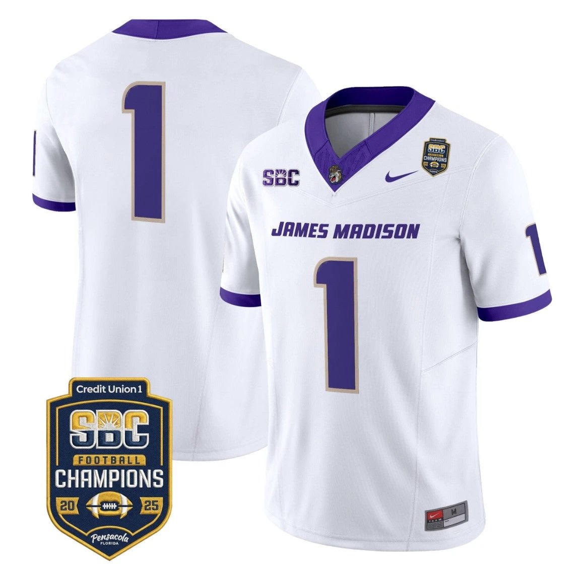 Team Jersey #1 James Madison Dukes 2025 SBC Champions Vapor Stitched White by NCAA Football Jersey
