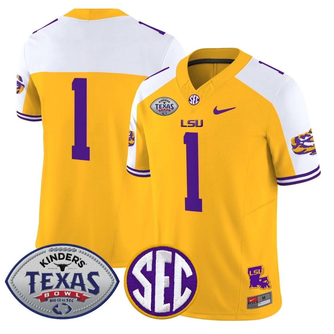 Team Jersey #1 LSU Tigers 2025 Texas Bowl Vapor Limited Stitched Gold Alternate by NCAA Football Jersey