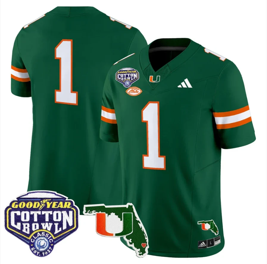 Team Jersey #1 Miami Hurricanes 2025 Cotton Bowl Florida Stitched Green by NCAA Football Jersey
