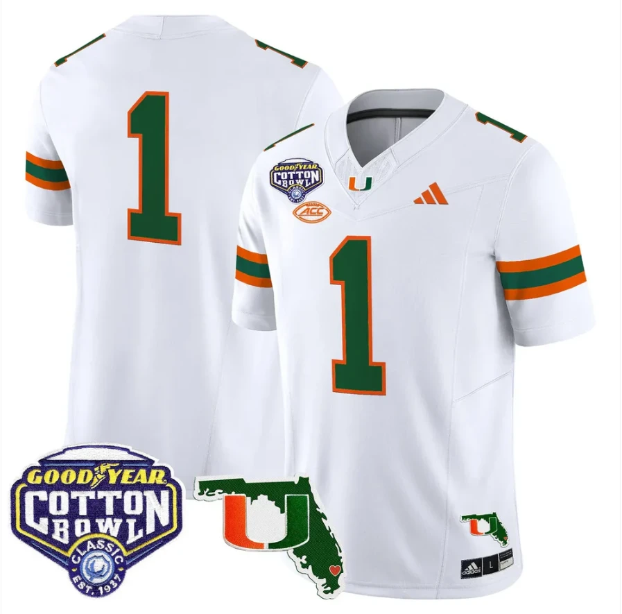 Team Jersey #1 Miami Hurricanes 2025 Cotton Bowl Florida Stitched White by NCAA Football Jersey