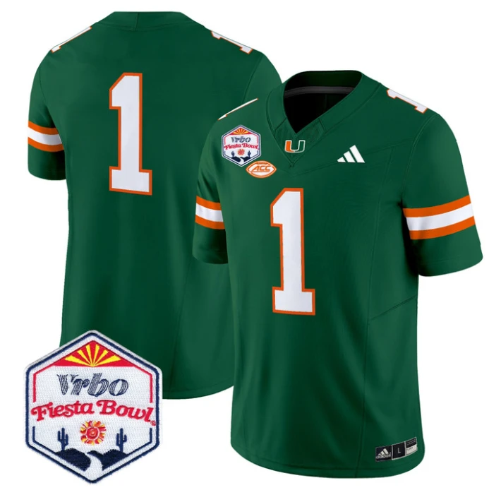 Team Jersey #1 Miami Hurricanes 2026 Fiesta Bow Patch Stitched Green by NCAA Football Jersey