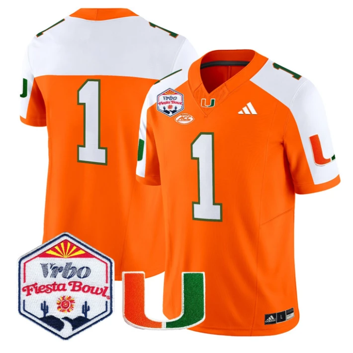 Team Jersey #1 Miami Hurricanes 2026 Fiesta Bow Patch Stitched Orange Alternate by NCAA Football Jersey
