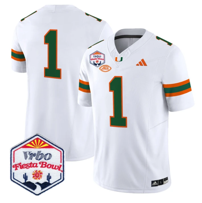 Team Jersey #1 Miami Hurricanes 2026 Fiesta Bow Patch Stitched White by NCAA Football Jersey