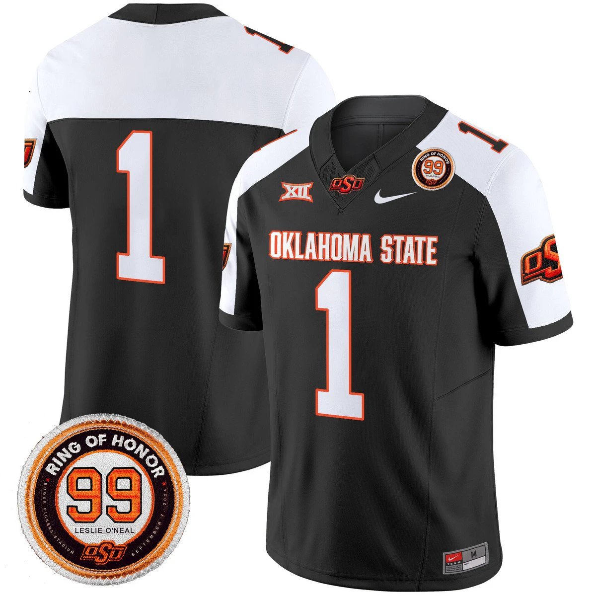 Team Jersey #1 Oklahoma State Cowboys 2025 Leslie O'neal Patch Black Alternate by NCAA Football Jersey