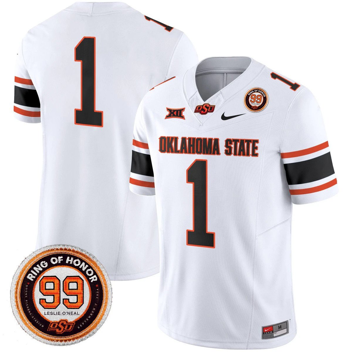 Team Jersey #1 Oklahoma State Cowboys 2025 Leslie O'neal Patch White by NCAA Football Jersey