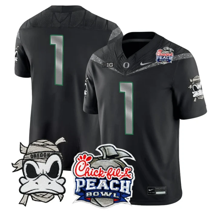 Team Jersey #1 Oregon Ducks Mummy Duck 2026 Peach Bowl Patch Stitched Black by My Store NCAA Football Jerseys