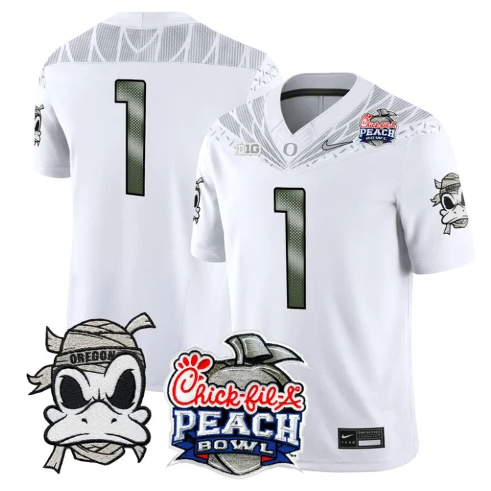 Team Jersey #1 Oregon Ducks Mummy Duck 2026 Peach Bowl Patch Stitched White by My Store NCAA Football Jerseys