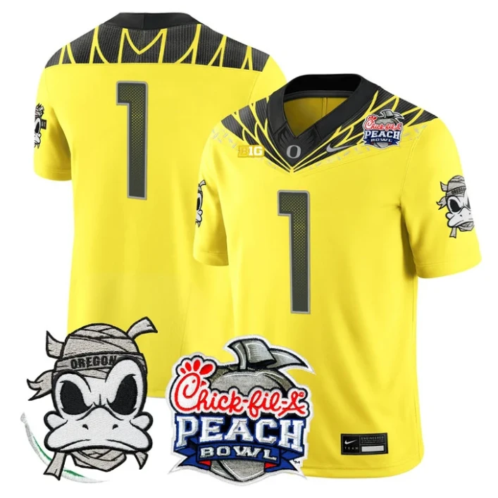 Team Jersey #1 Oregon Ducks Mummy Duck 2026 Peach Bowl Patch Stitched Yellow by My Store NCAA Football Jerseys