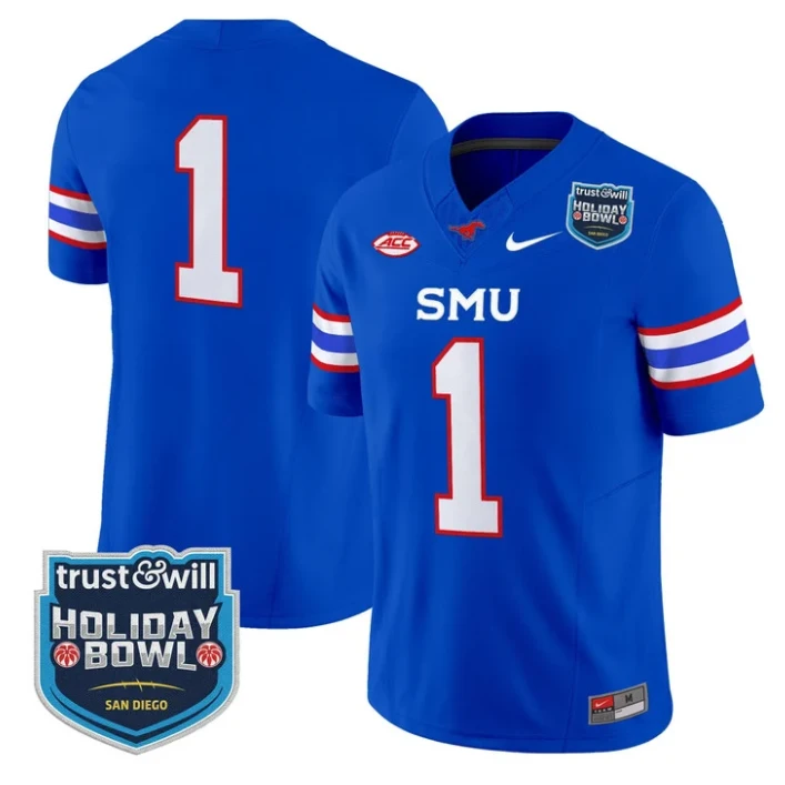 Team Jersey #1 SMU Mustangs 2026 Holiday Bowl Patch Vapor Stitched Blue by My Store NCAA Football Jerseys