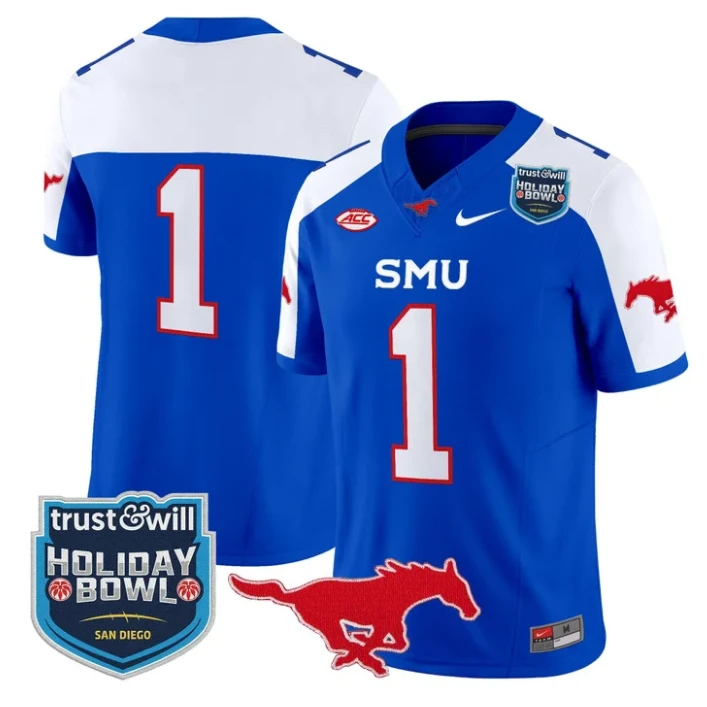 Team Jersey #1 SMU Mustangs 2026 Holiday Bowl Patch Vapor Stitched Blue Alternate by My Store NCAA Football Jerseys